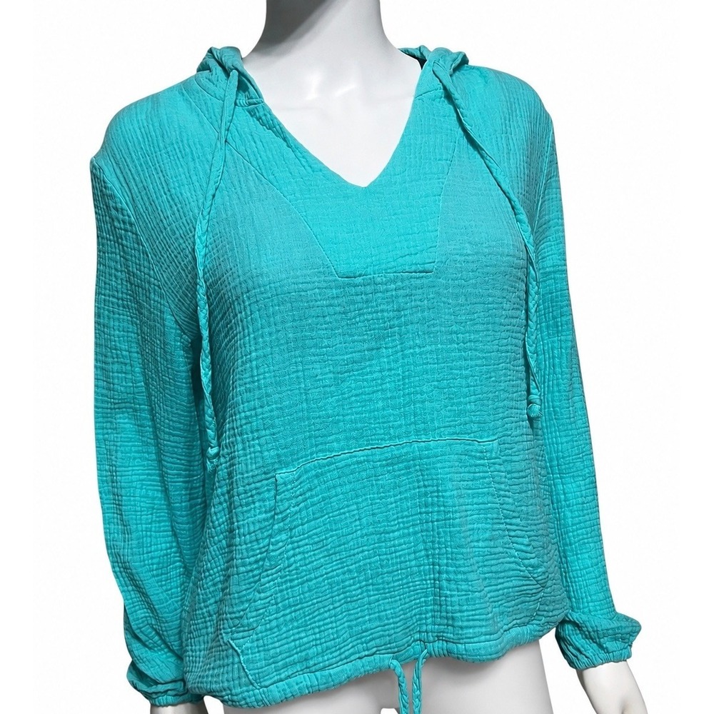 Ocean Drive Women Small Turquoise Gauze Hooded Pullover Beach Cover Up Boho